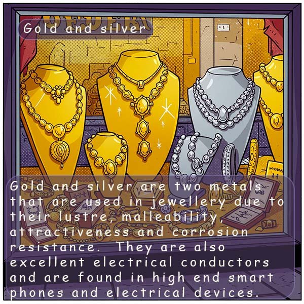 Uses of gold and silver in jewellery and electrical devices.